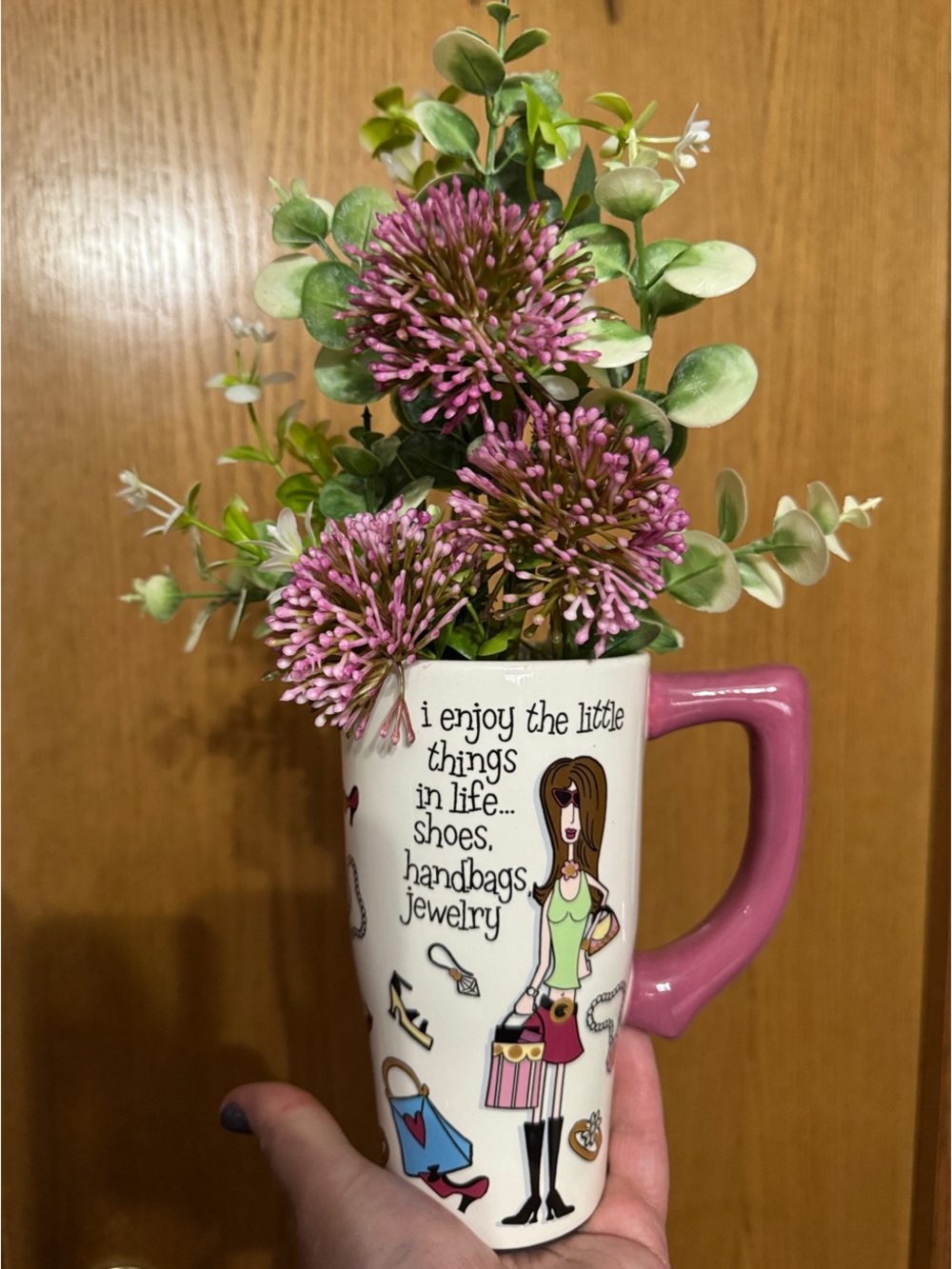 Novelty Pink-Handle Ceramic Mug with Floral Print